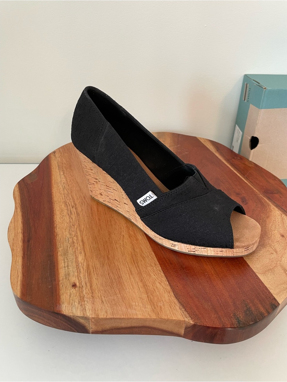 TOMS Black Canvas Cork Wedge Peep-Toe